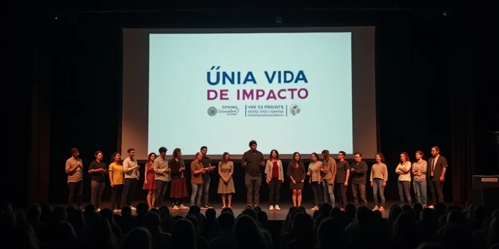 a group of people on a stage with a screen in the background that says una vida de impacto, Alejandr