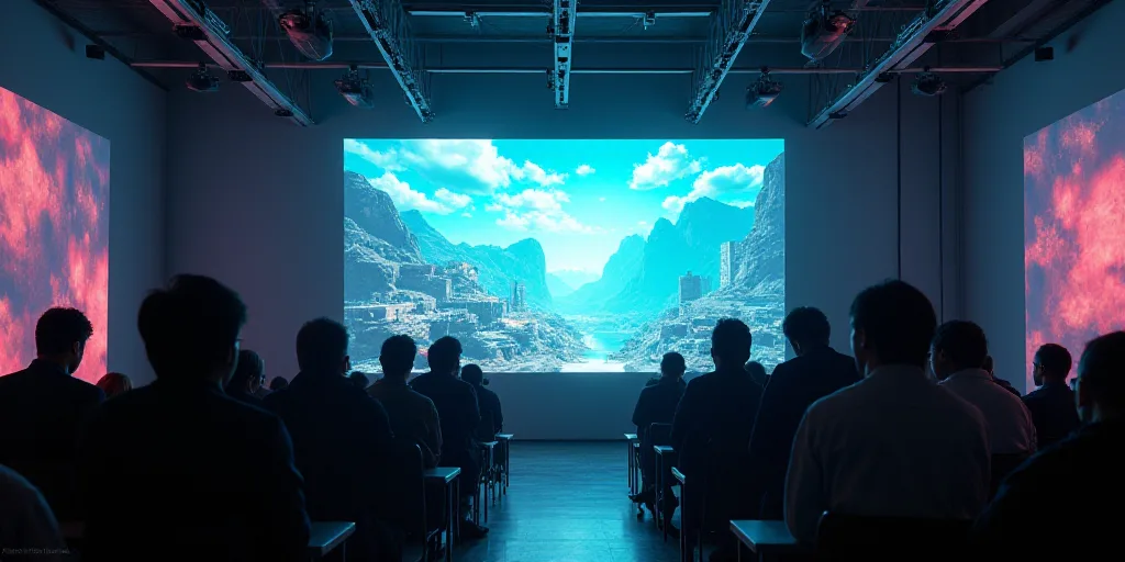 a group of people playing a video game on a big screen tv in a room with a big screen, Akihiko Yoshi