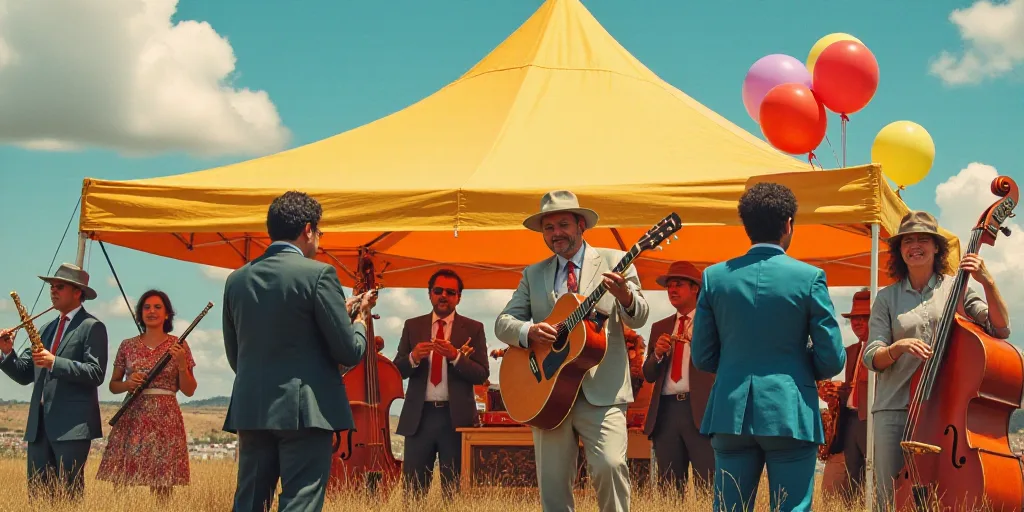 a group of people playing instruments under a tent with balloons on it and a man in a suit and tie,