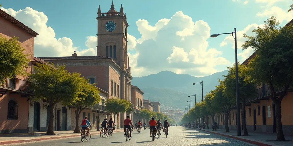 a group of people riding bikes down a street next to a tall building with a clock tower on top, Eddi