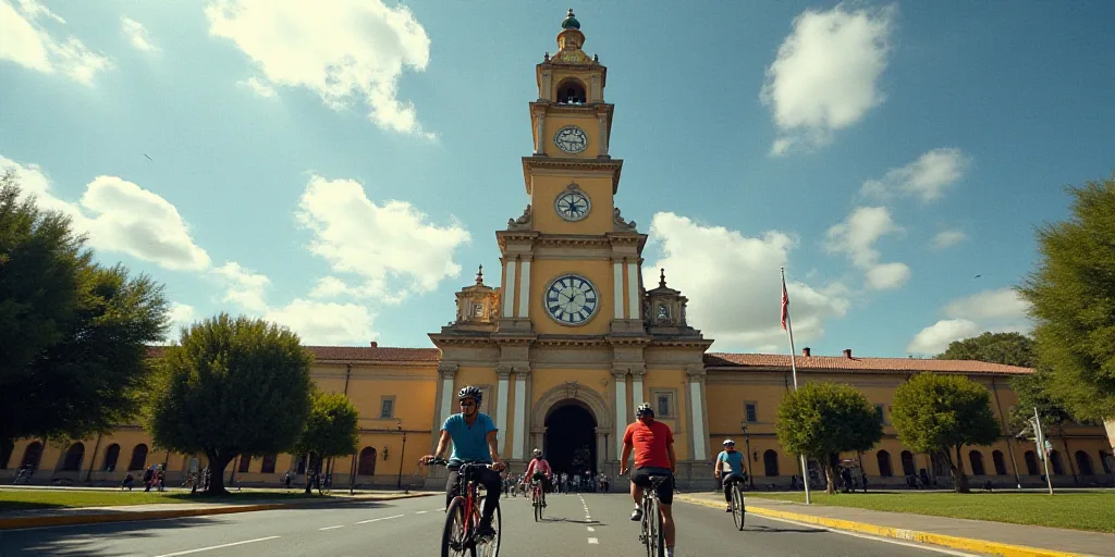 a group of people riding bikes down a street next to a tall building with a clock tower on top, Eddi