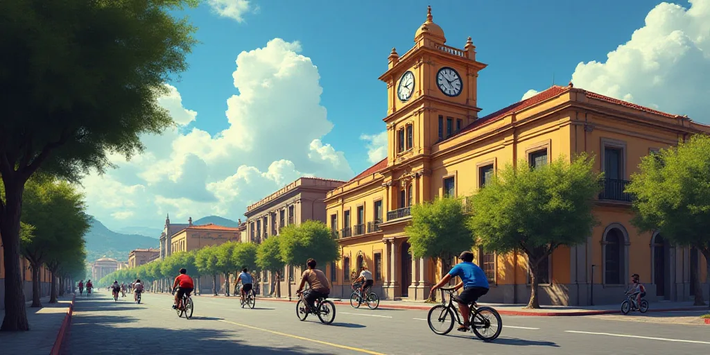 a group of people riding bikes down a street next to a tall building with a clock tower on top, Eddi