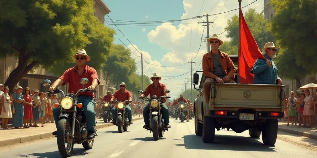 a group of people riding motorcycles down a street with a flag on the back of a car and a truck, Bou