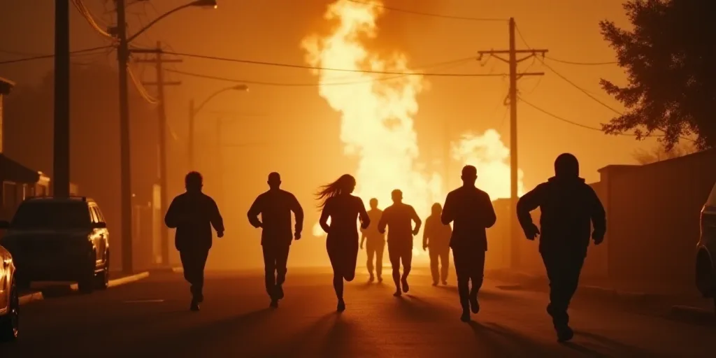 a group of people running down a street with a fire in the background and smoke billowing out of the