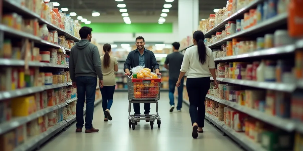 a group of people shopping in a store aisle with a cart full of food and supplies in the aisle, Davi