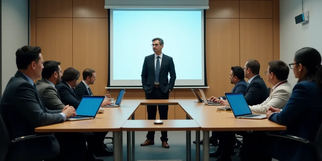 a group of people sitting around a table with laptops on it and a man standing at the front of the r