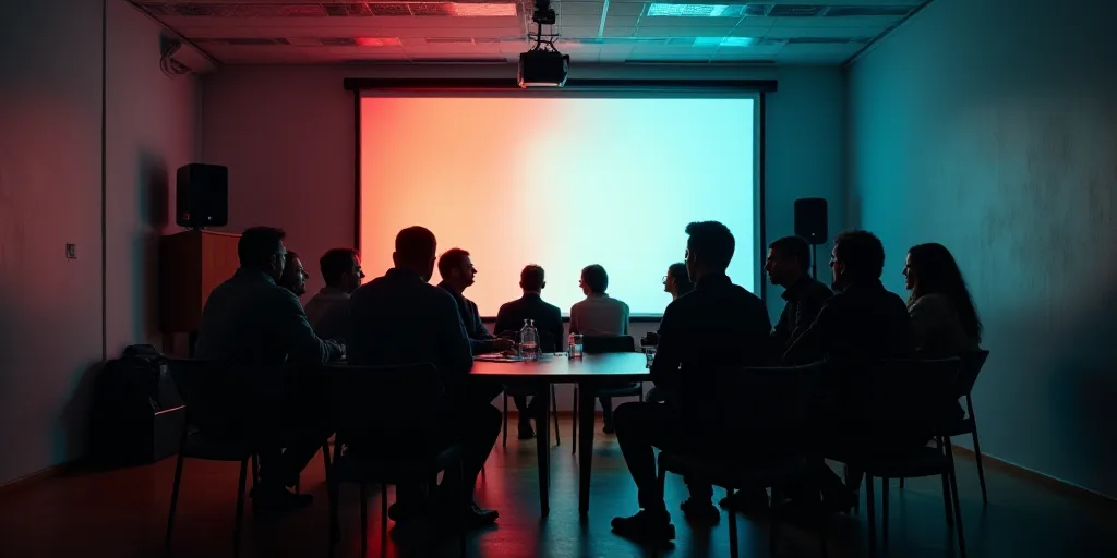 a group of people sitting around a table in a room with a projector screen on the wall behind them,