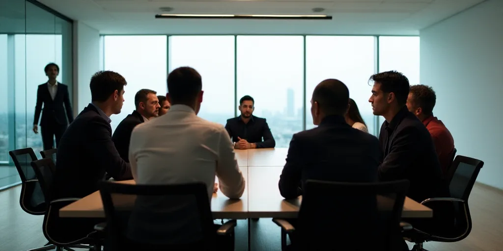 a group of people sitting around a table talking to each other in a conference room with glass walls