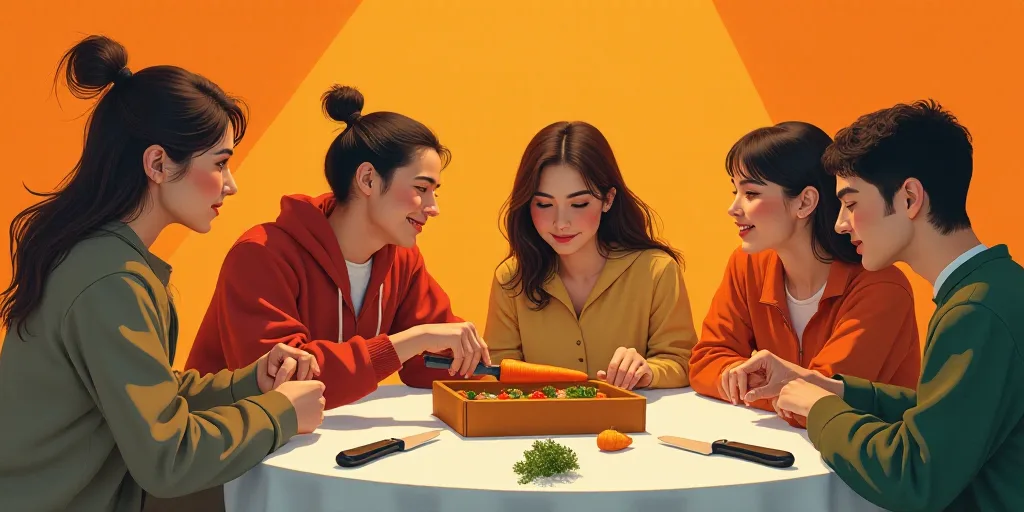 a group of people sitting around a box of food and a knife in their hands and a person holding a car