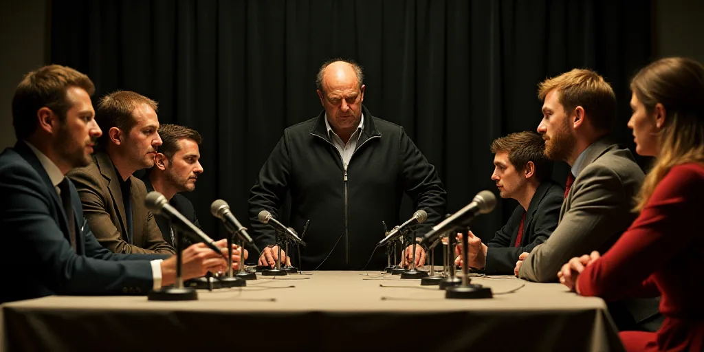 a group of people sitting around a table with microphones in front of them and a man standing behind