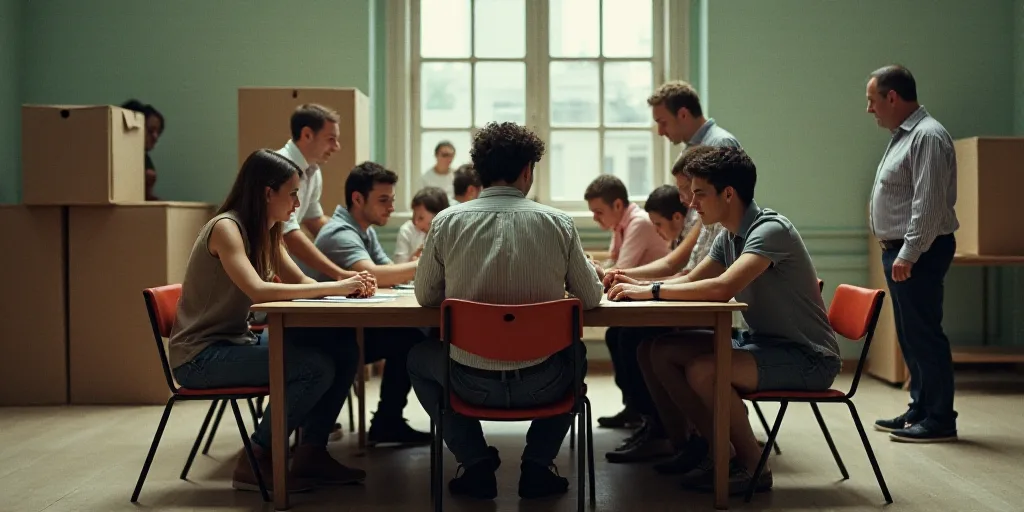 a group of people sitting around a table with boxes on it's back and people standing around them, Ce