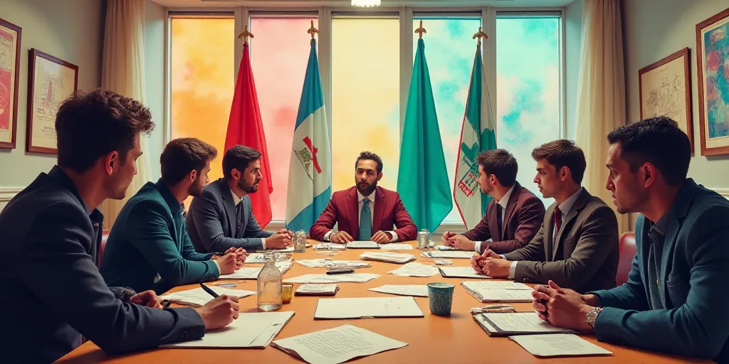 a group of people sitting around a table with papers on it and flags behind them in a meeting room,