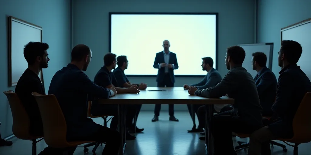 a group of people sitting around a table in a room with a tv screen behind them and a man standing i