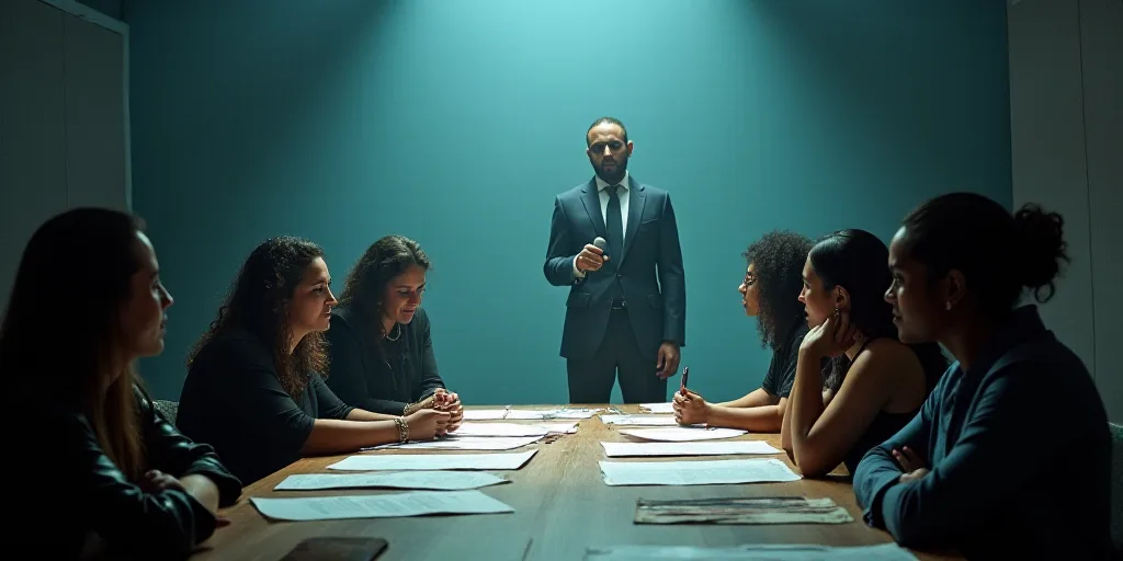 a group of people sitting around a table with papers on it and a man standing behind them with a mic