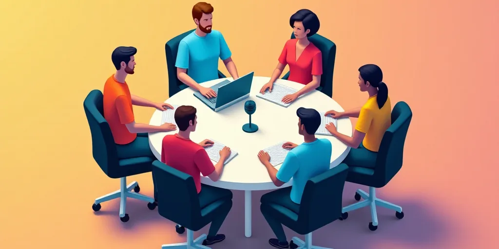a group of people sitting around a table with a laptop computer on it and a microphone in front of t