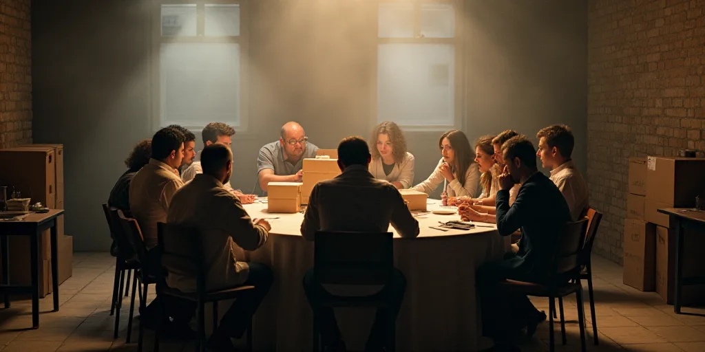a group of people sitting around a table with boxes on it's back and people standing around them, Ce