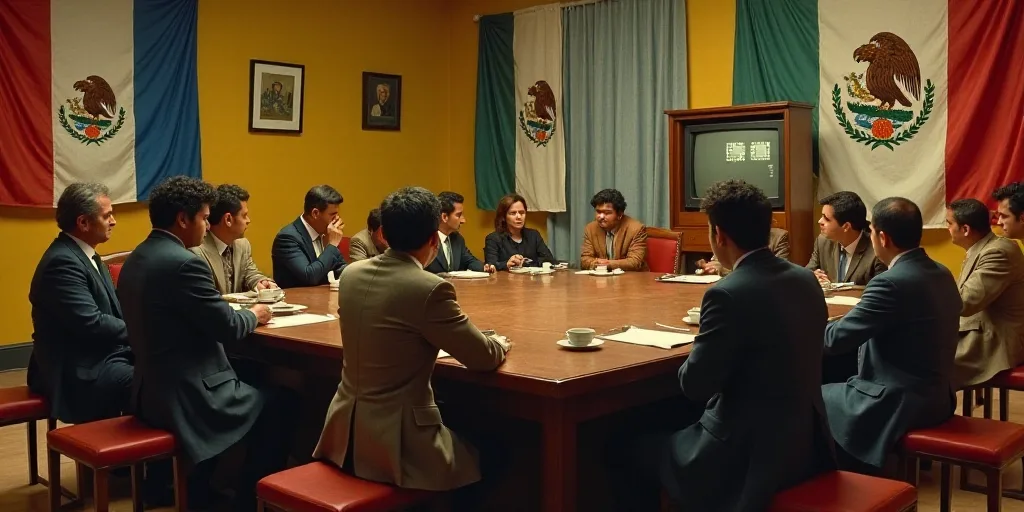 a group of people sitting around a wooden table in a room with flags on the walls and a television o