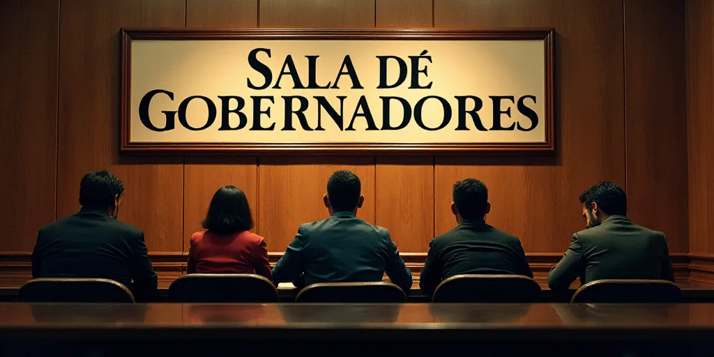 a group of people sitting at a table in front of a sign that says sala de gobernadores, Araceli Gilb