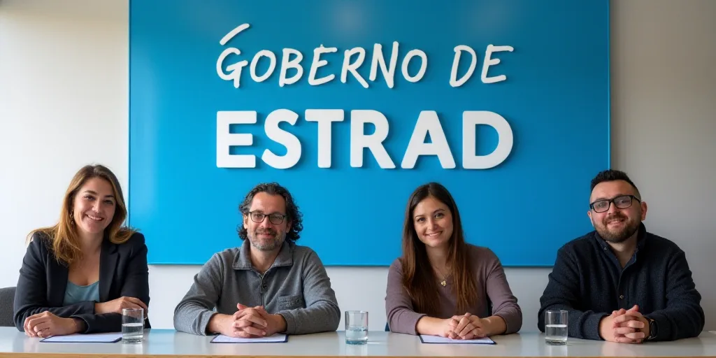 a group of people sitting at a table with a blue sign behind them that says goberno de estrad - acus
