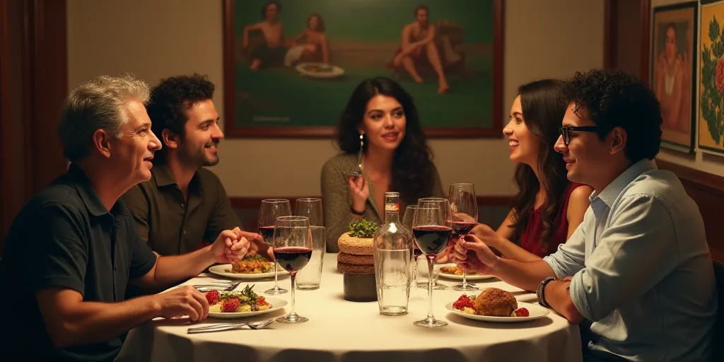 a group of people sitting at a table in a restaurant eating food and drinking wine and talking to ea
