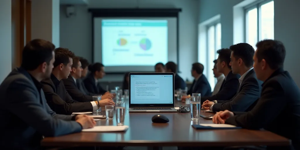 a group of people sitting at a table with a laptop computer in front of them and a screen showing a