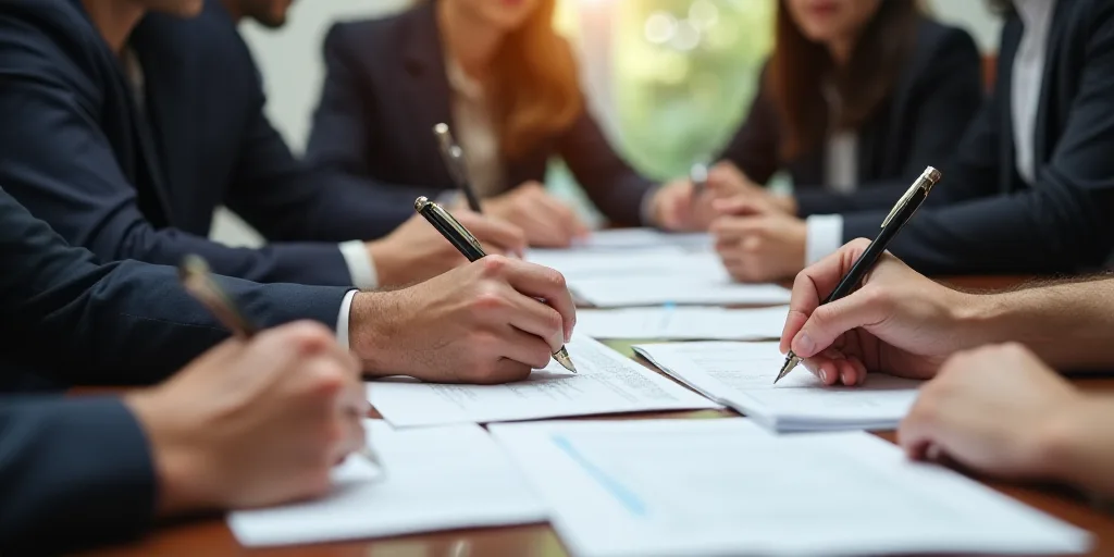a group of people sitting at a table signing papers and signing papers with a pen and paper clipping