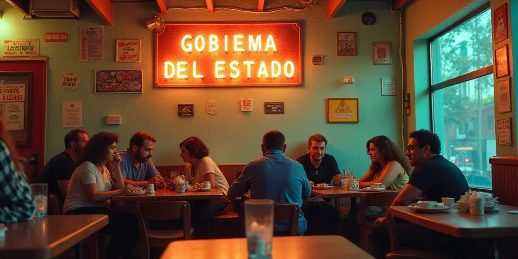 a group of people sitting at a table in front of a sign that says publa gobiema del estado, Estuardo