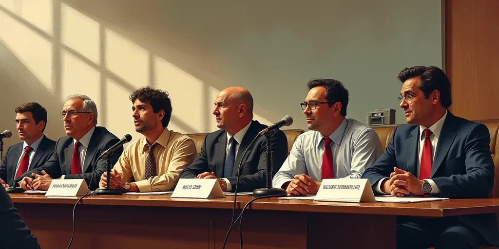a group of people sitting at a table with microphones in front of them and a sign behind them, Carlo