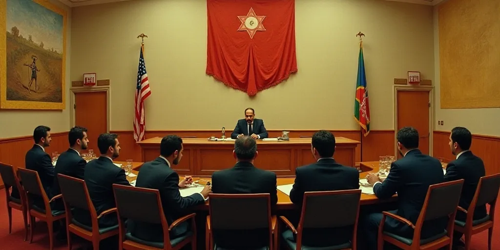 a group of people sitting at a table in a courtroom with a flag hanging from the ceiling and a paint