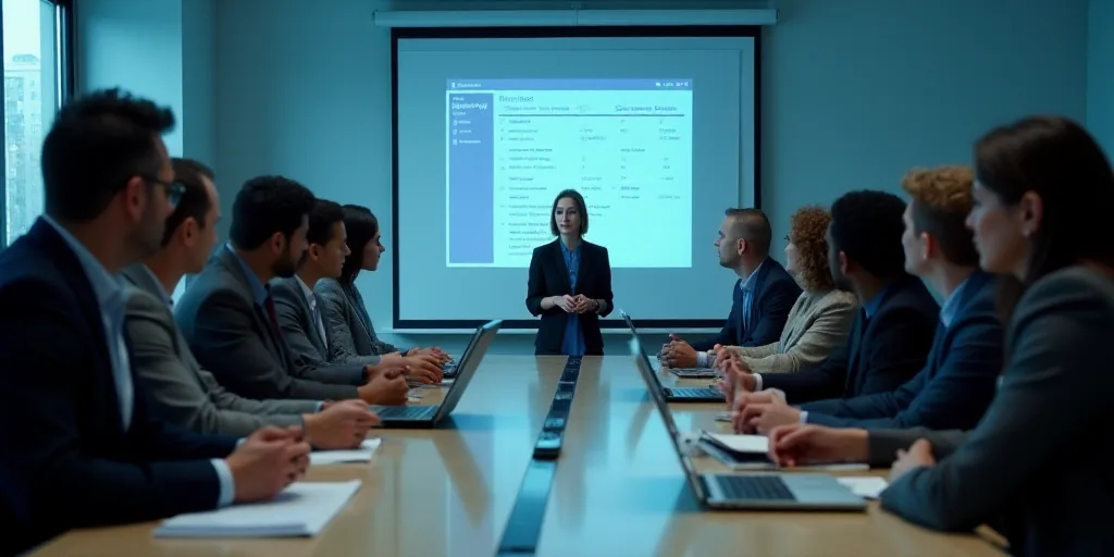 a group of people sitting at a table with papers and laptops in front of them and a speaker at the f