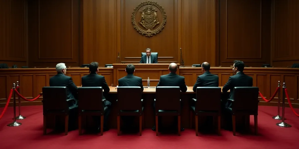 a group of people sitting at a table in a courtroom with red carpet and chairs around them and a red