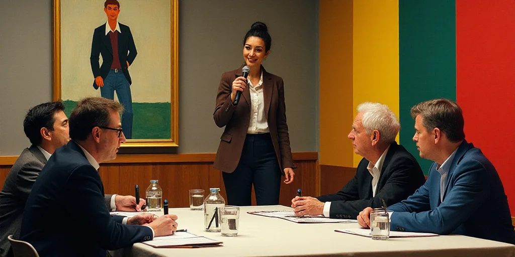 a group of people sitting at a table with a painting behind them and a woman standing behind them wi