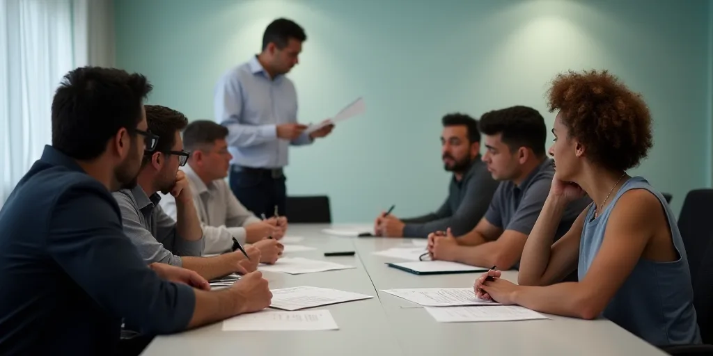 a group of people sitting at a table with papers in front of them and a man standing behind them, Aq