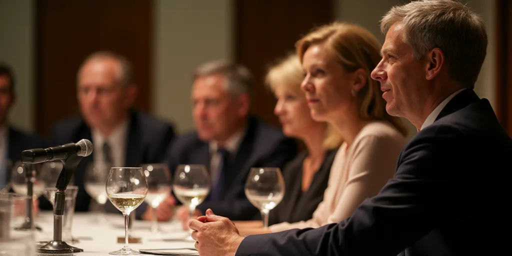 a group of people sitting at a table with wine glasses on it and a microphone in front of them, Anna