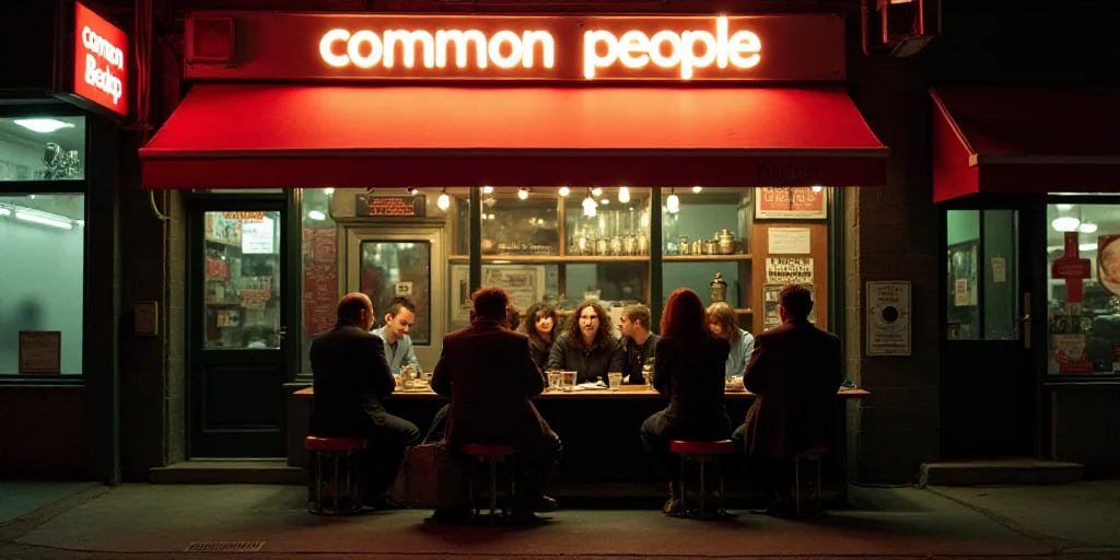 a group of people sitting at a table in front of a sign that says common people on it and a red awni