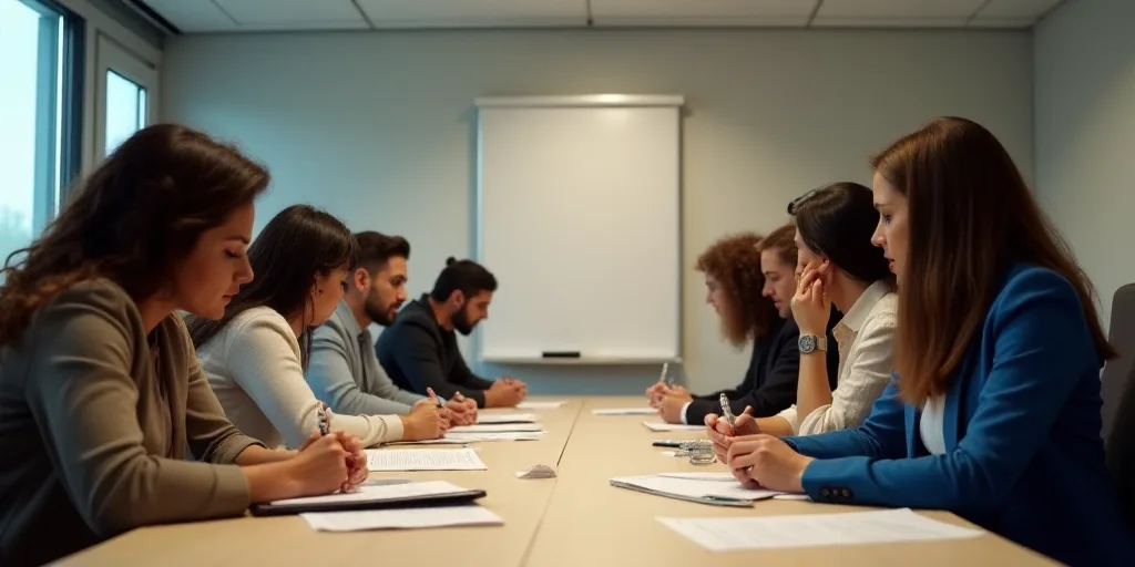 a group of people sitting at a table with papers and pens in front of them and a sign in the backgro