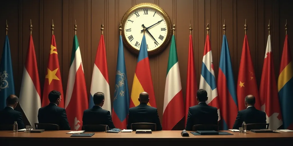 a group of people sitting at a table with flags behind them and a clock in the background of the roo
