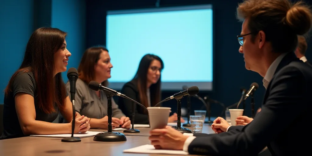 a group of people sitting at a table with microphones in front of them and a tv screen behind them,