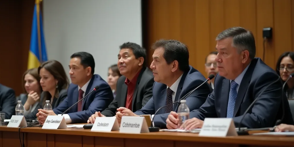 a group of people sitting at a table with microphones in front of them and a banner behind them, Ale