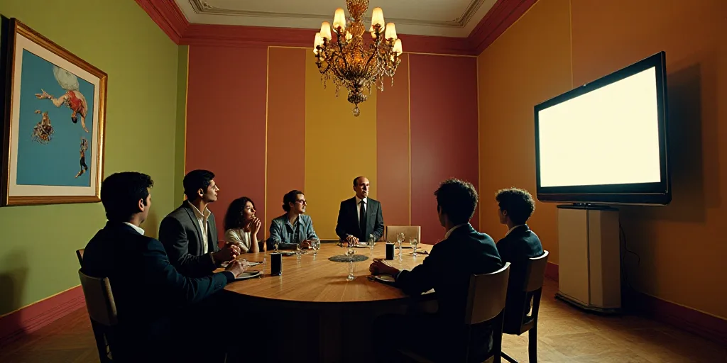 a group of people sitting at a table in a room with a television on the wall and a screen on the wal