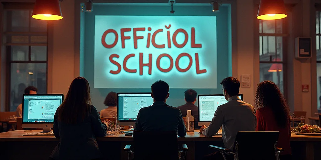 a group of people sitting at a table with computers in front of them and a sign behind them that say
