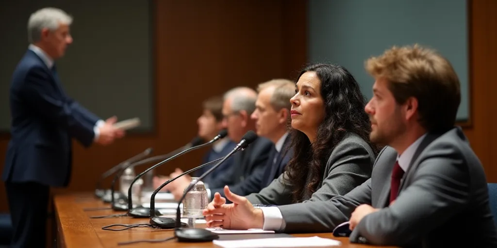 a group of people sitting at a table with microphones in front of them and a man standing behind the
