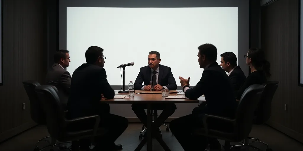a group of people sitting at a table with a microphone in front of them and a screen behind them, Ca