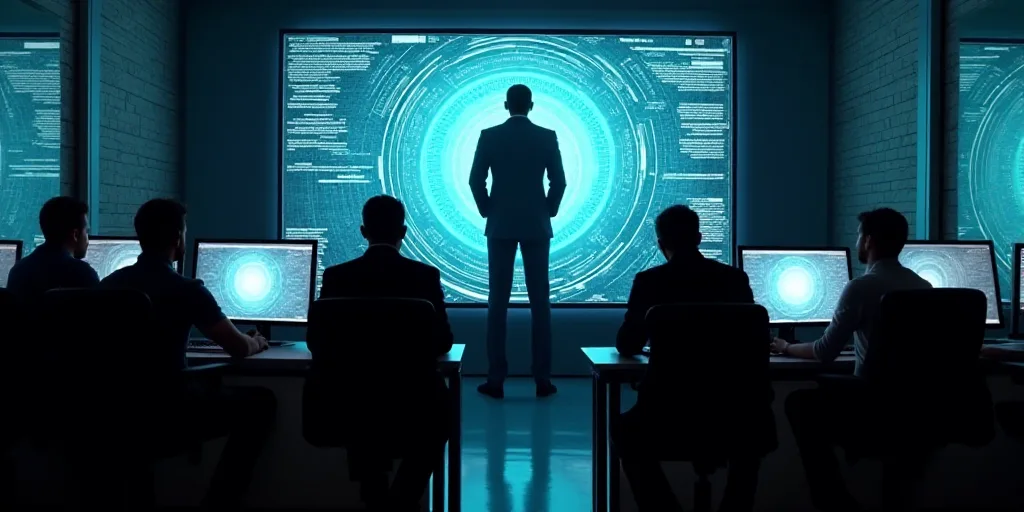 a group of people sitting at desks in front of monitors with a man standing on the screen in front o