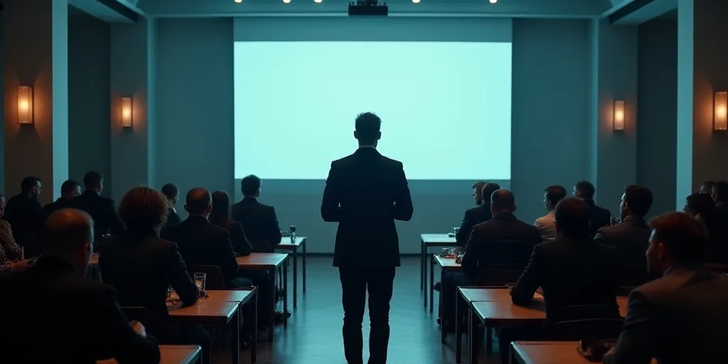 a group of people sitting at tables in a room with a large screen on the wall behind them and a man
