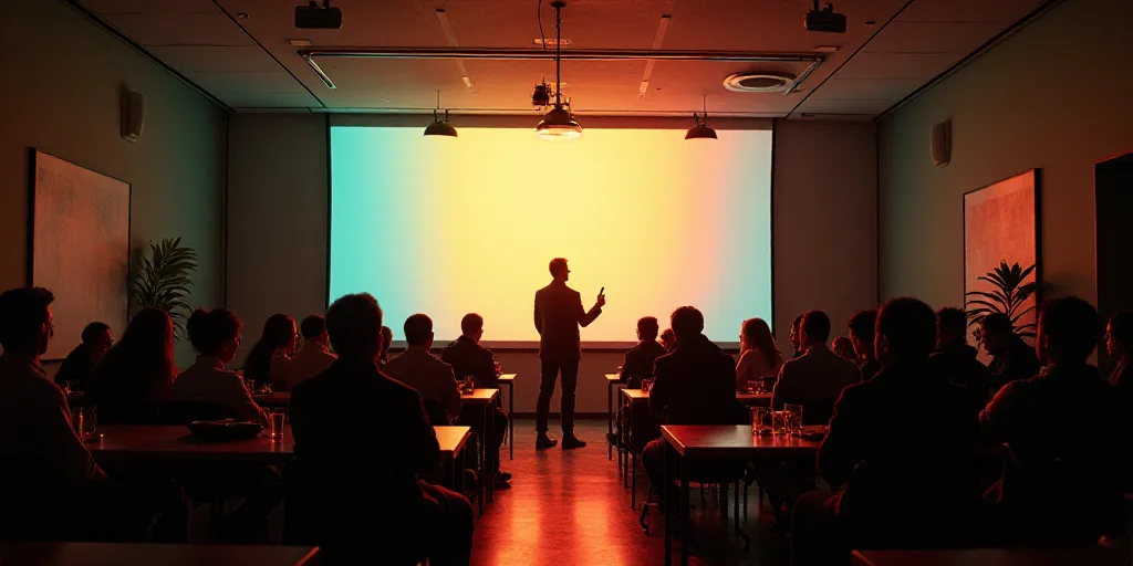 a group of people sitting at tables in front of a screen with a microphone in front of them and a ma