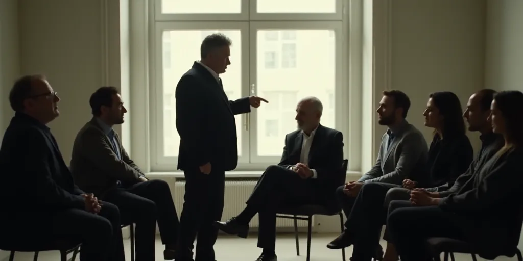 a group of people sitting in a room with a window in the background and a person pointing at them, A
