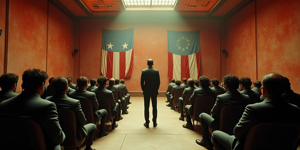 a group of people sitting in a room with flags on the wall behind them and a man standing in the mid