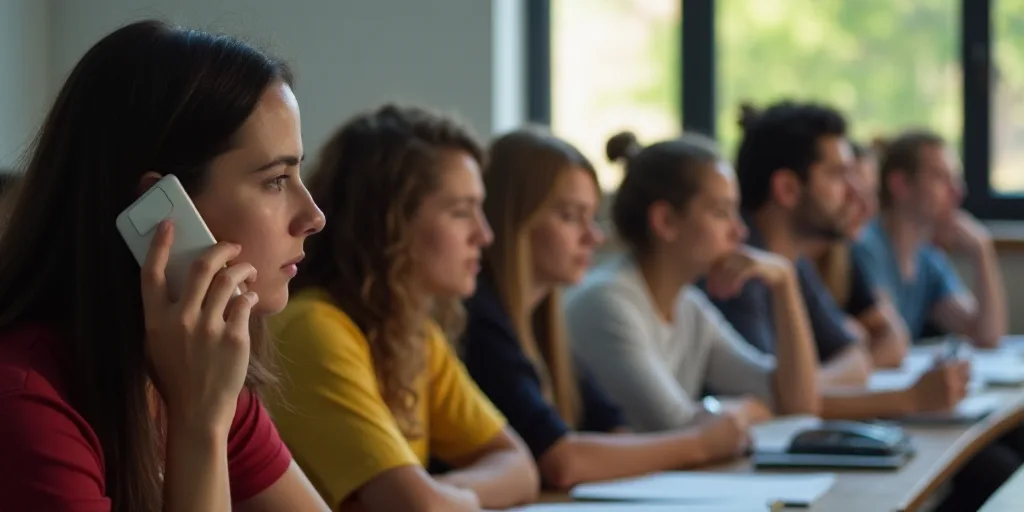 a group of people sitting in a classroom with one person holding a cell phone to their ear and the o