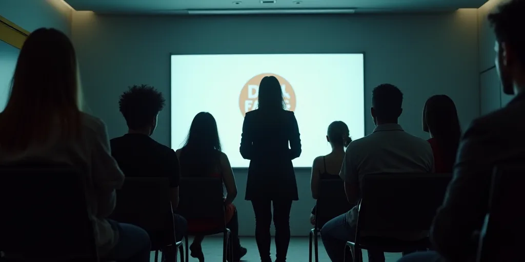 a group of people sitting in chairs in front of a screen with a logo on it and a woman standing in f